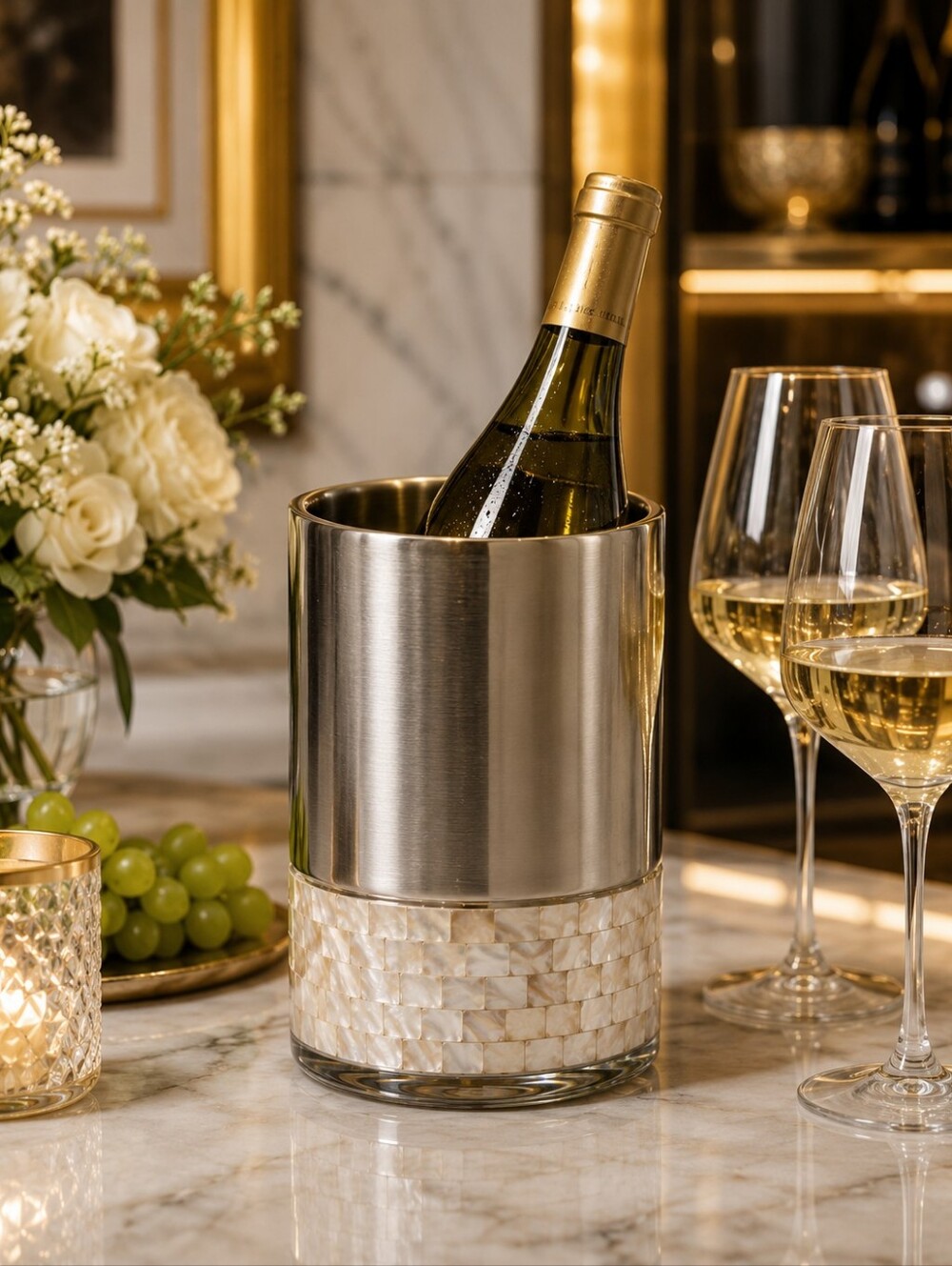 ANNA New York Mother of Pearl Wine Chiller – Stainless Steel – Luxury Barware